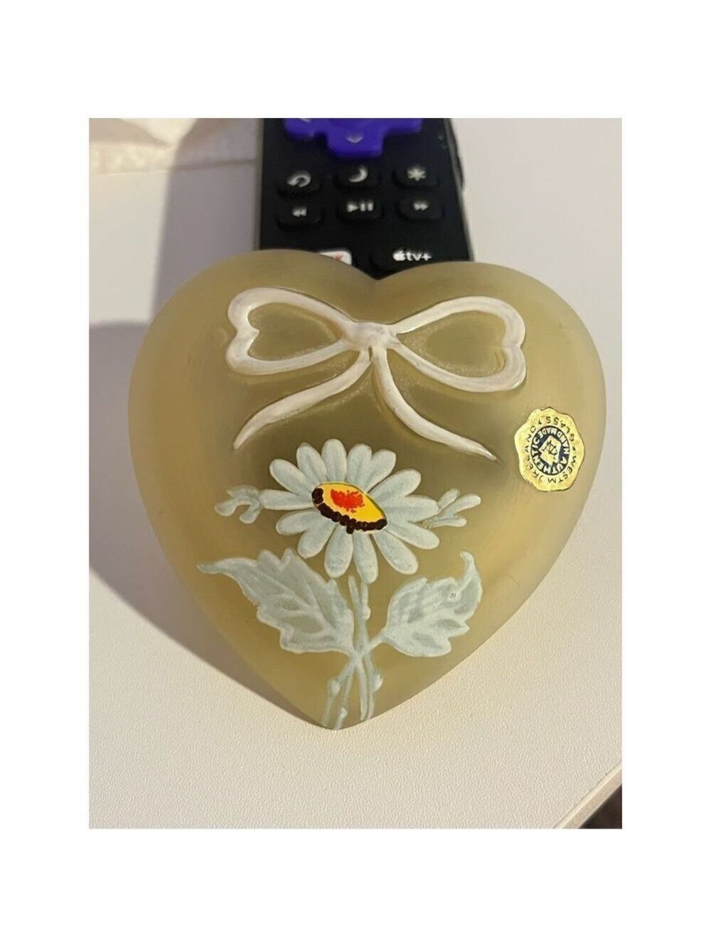Westmoreland Glass Heart Original sticker hand painted yellow